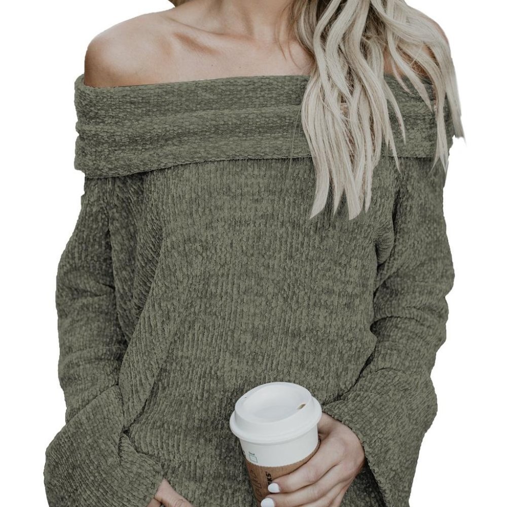 New Gray Chenille Off-the-Shoulder Sweater